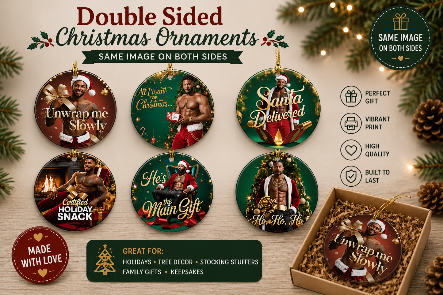 Sexy Black Santa Christmas Ornaments – Set of 6 Bold Designs