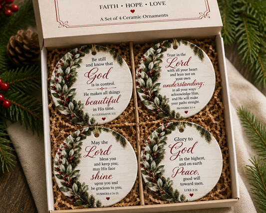 Faith Hope Love Scripture Ceramic Ornament Set – Christian Christmas Gift
