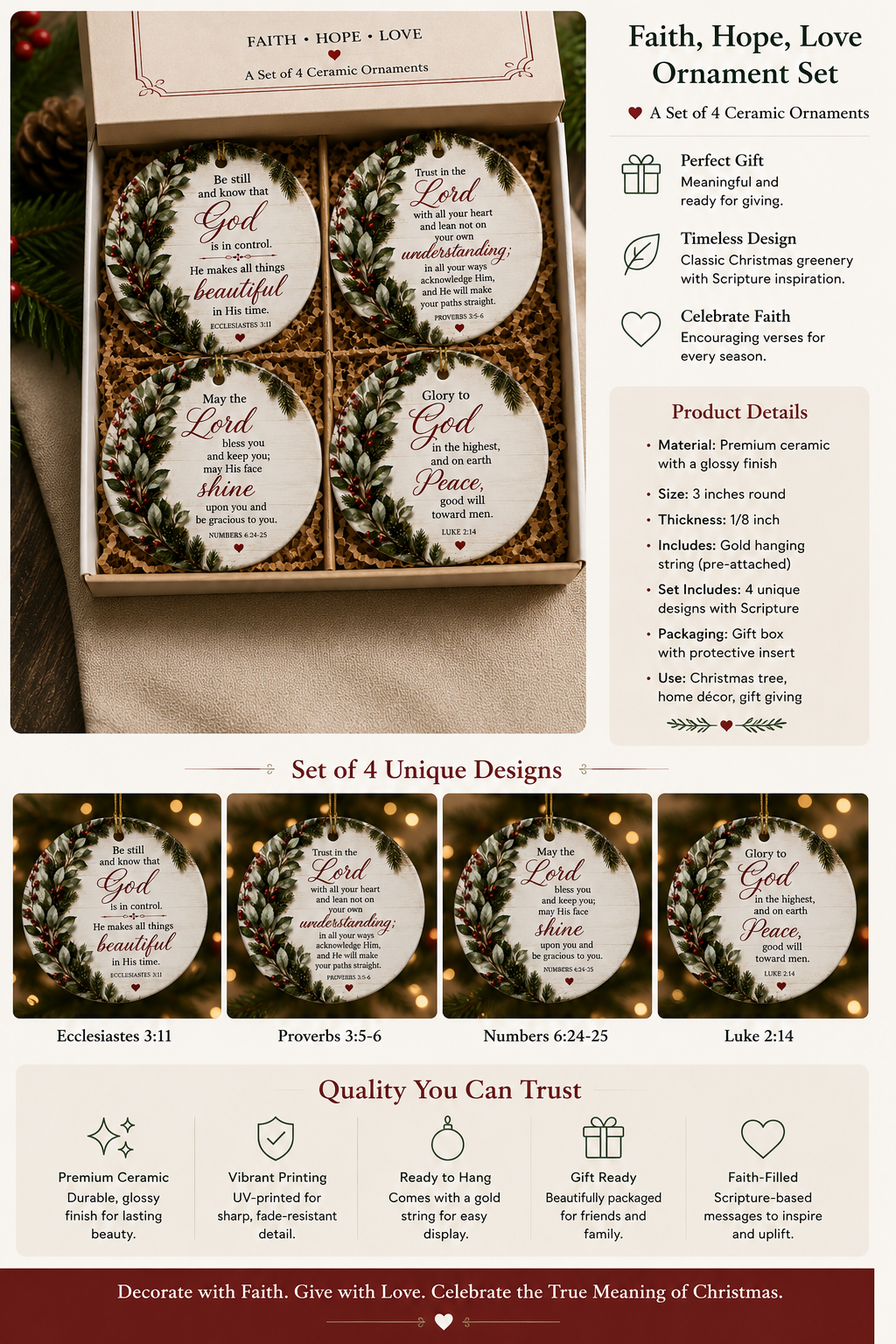 Faith Hope Love Scripture Ceramic Ornament Set – Christian Christmas Gift