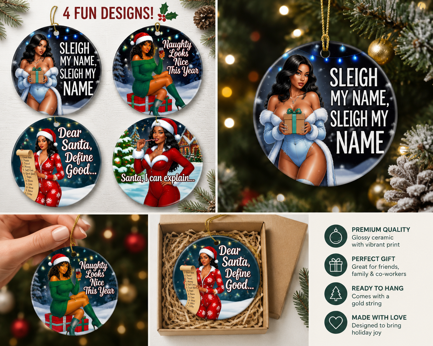 Sassy Christmas Ceramic Ornaments – Set of 4 Designs