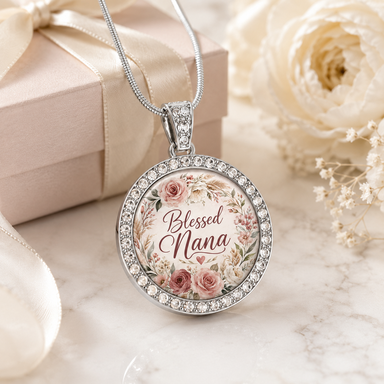 Woman wearing Blessed Nana circle pendant necklace