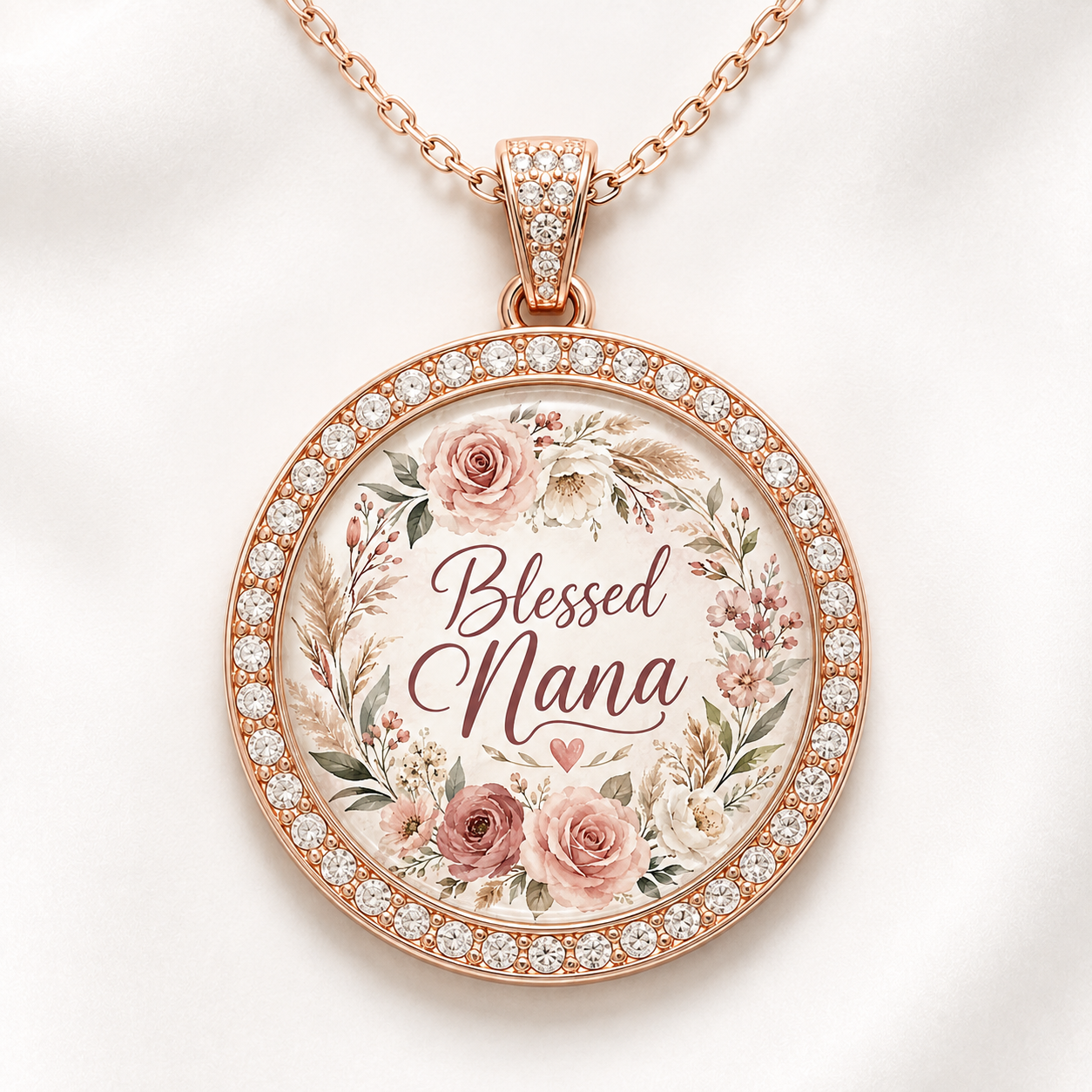 Blessed Nana rose gold pendant necklace closeup on white background