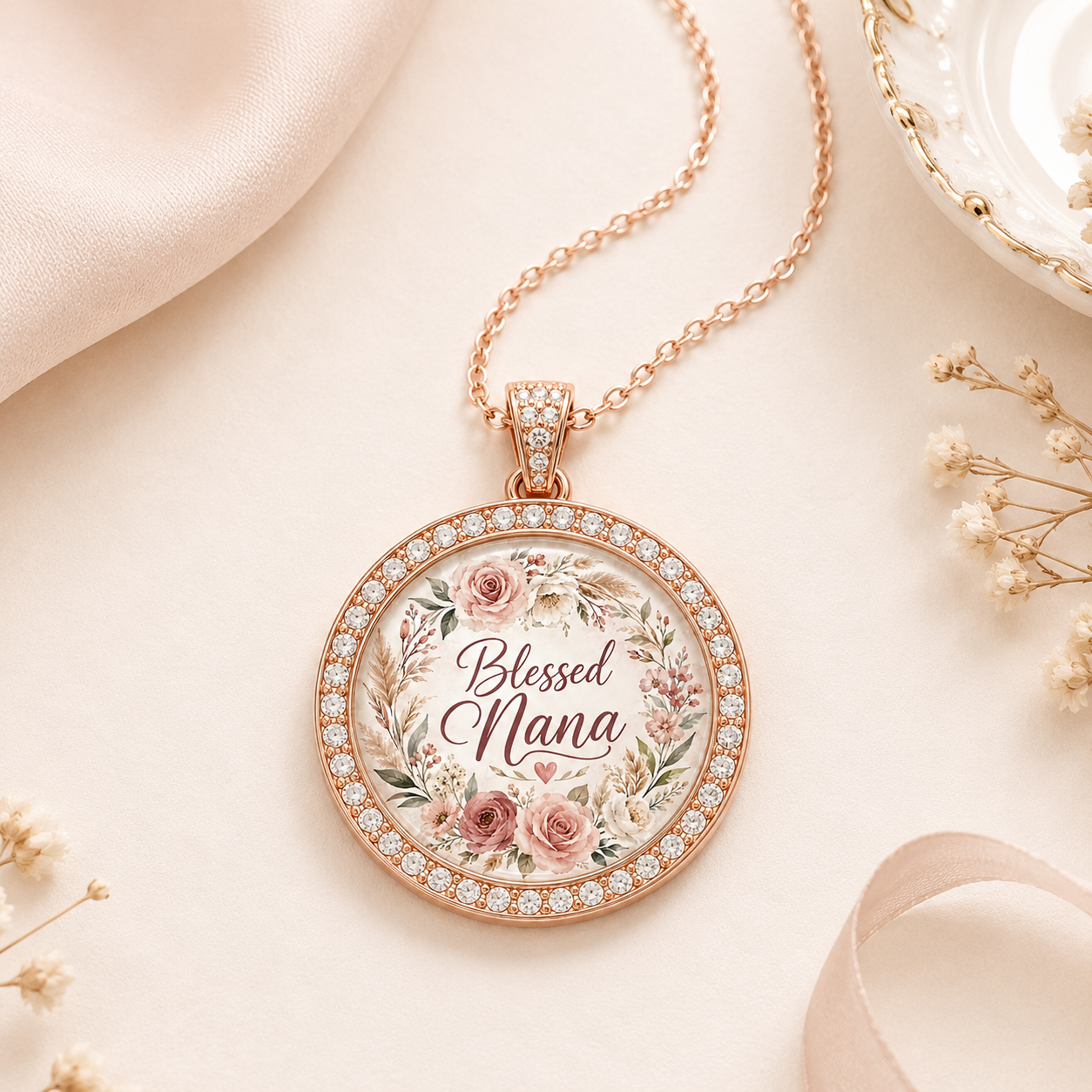 Blessed Nana rose gold necklace styled with floral flat lay