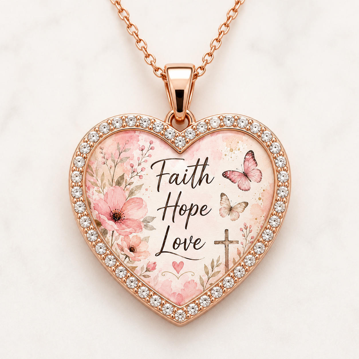 Faith Hope Love heart pendant necklace rose gold crystal closeup