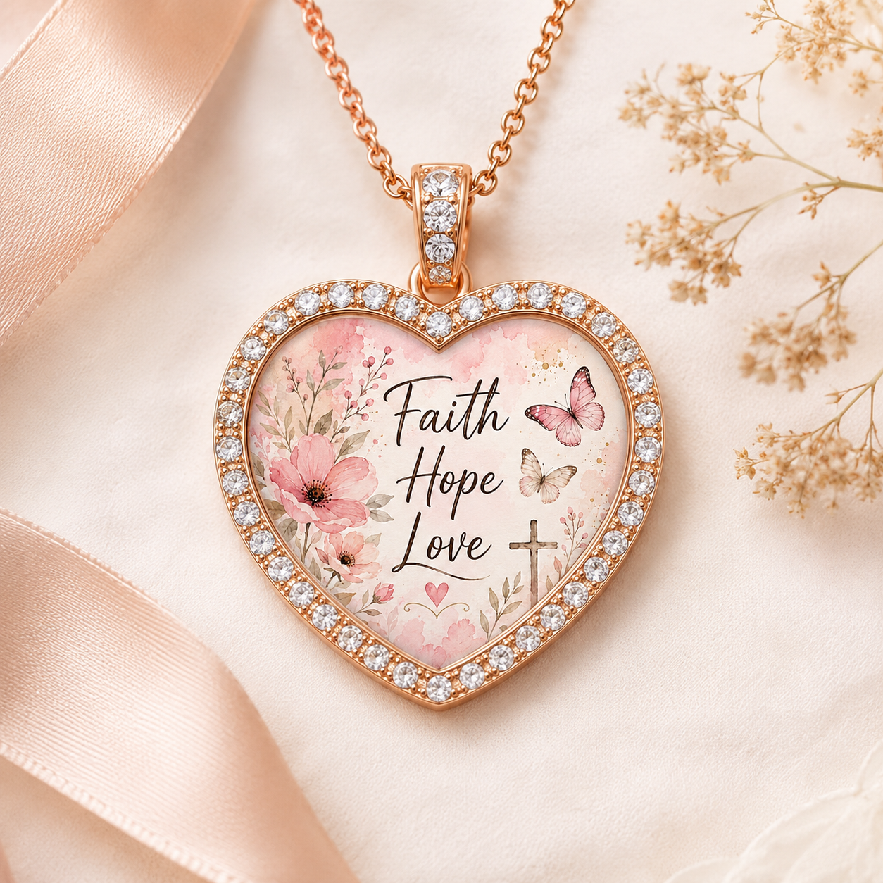 Woman wearing Faith Hope Love heart necklace