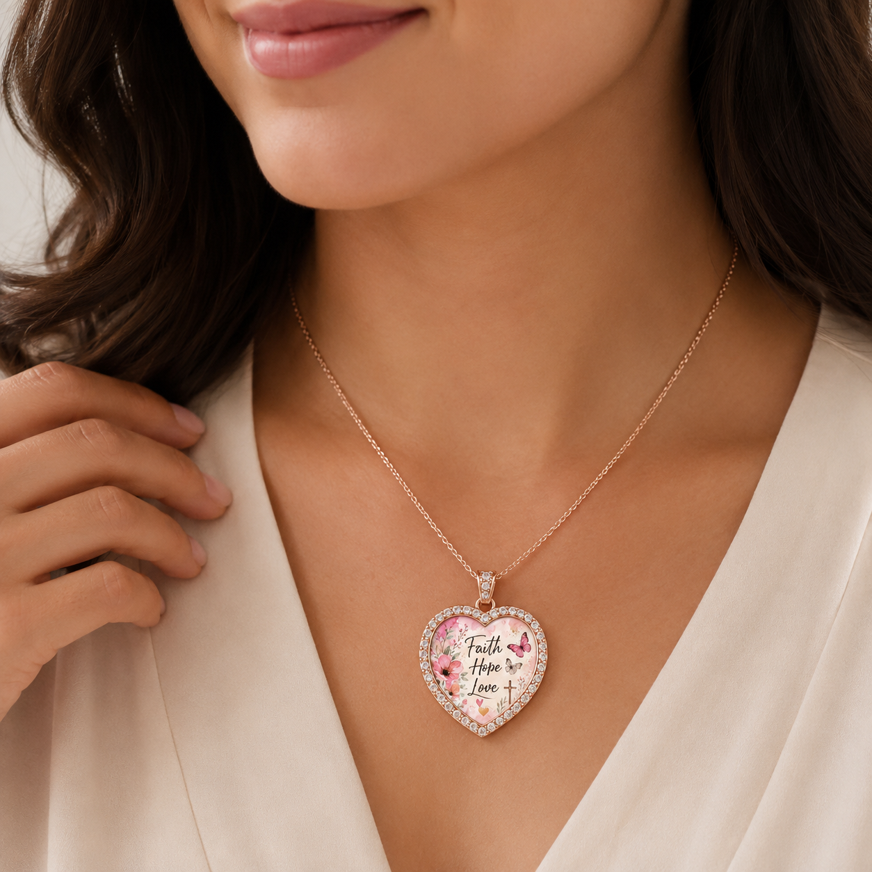 Faith Hope Love heart pendant necklace on marble background