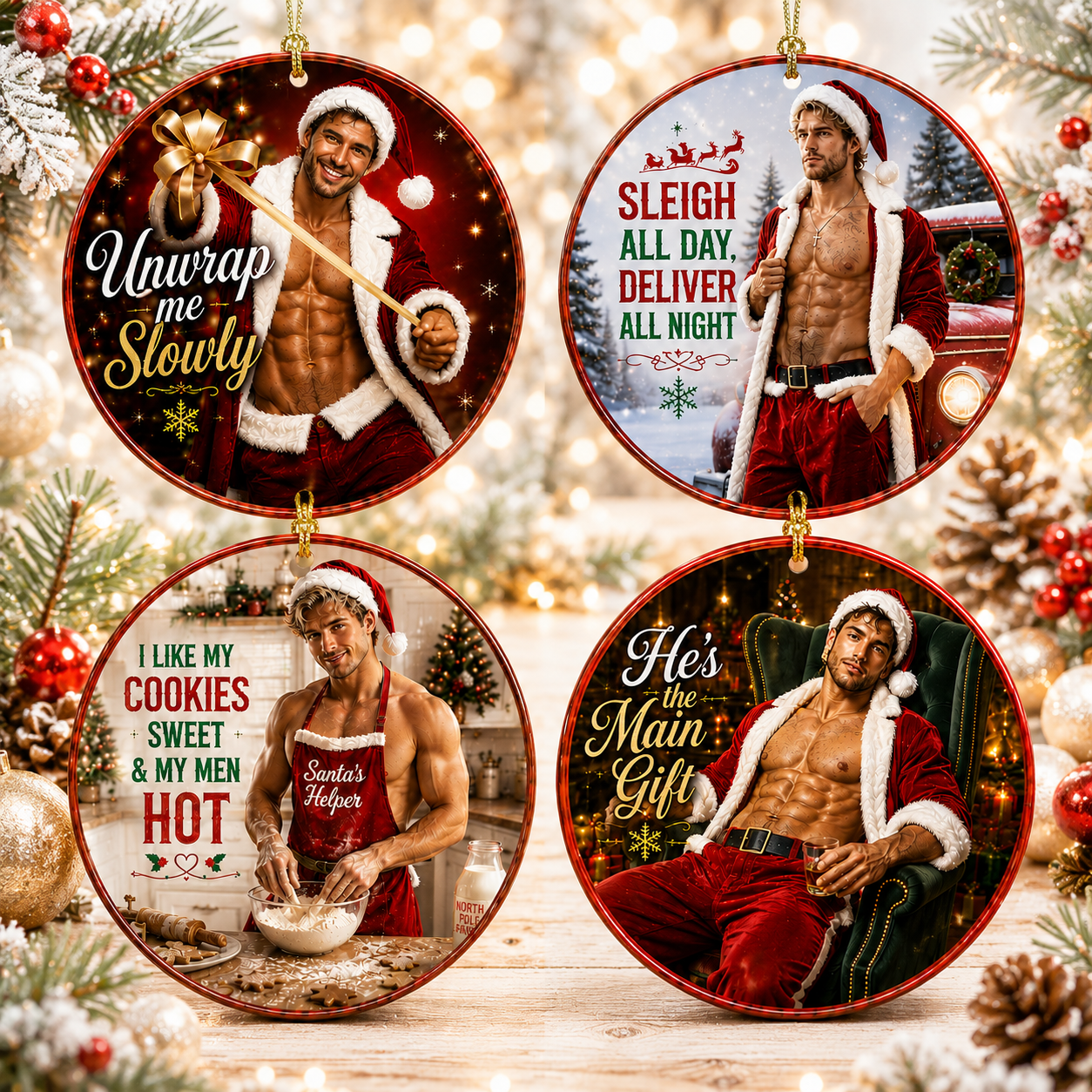 Hot Santa Christmas Ornament Set of 4