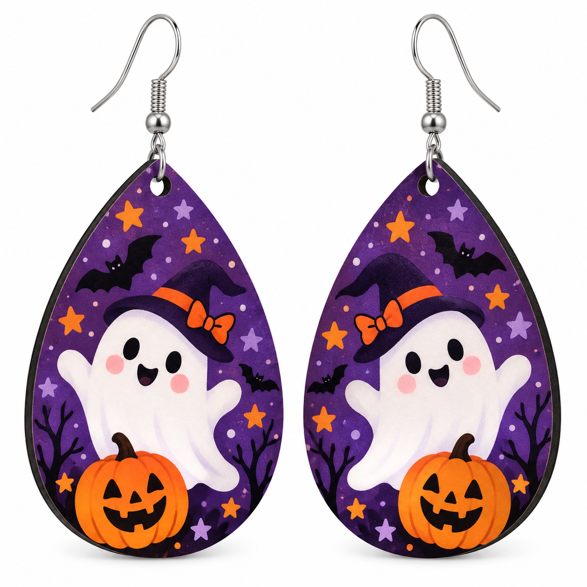 Halloween teardrop earrings with silver spiderwebs, spiders, bats, and an orange moon