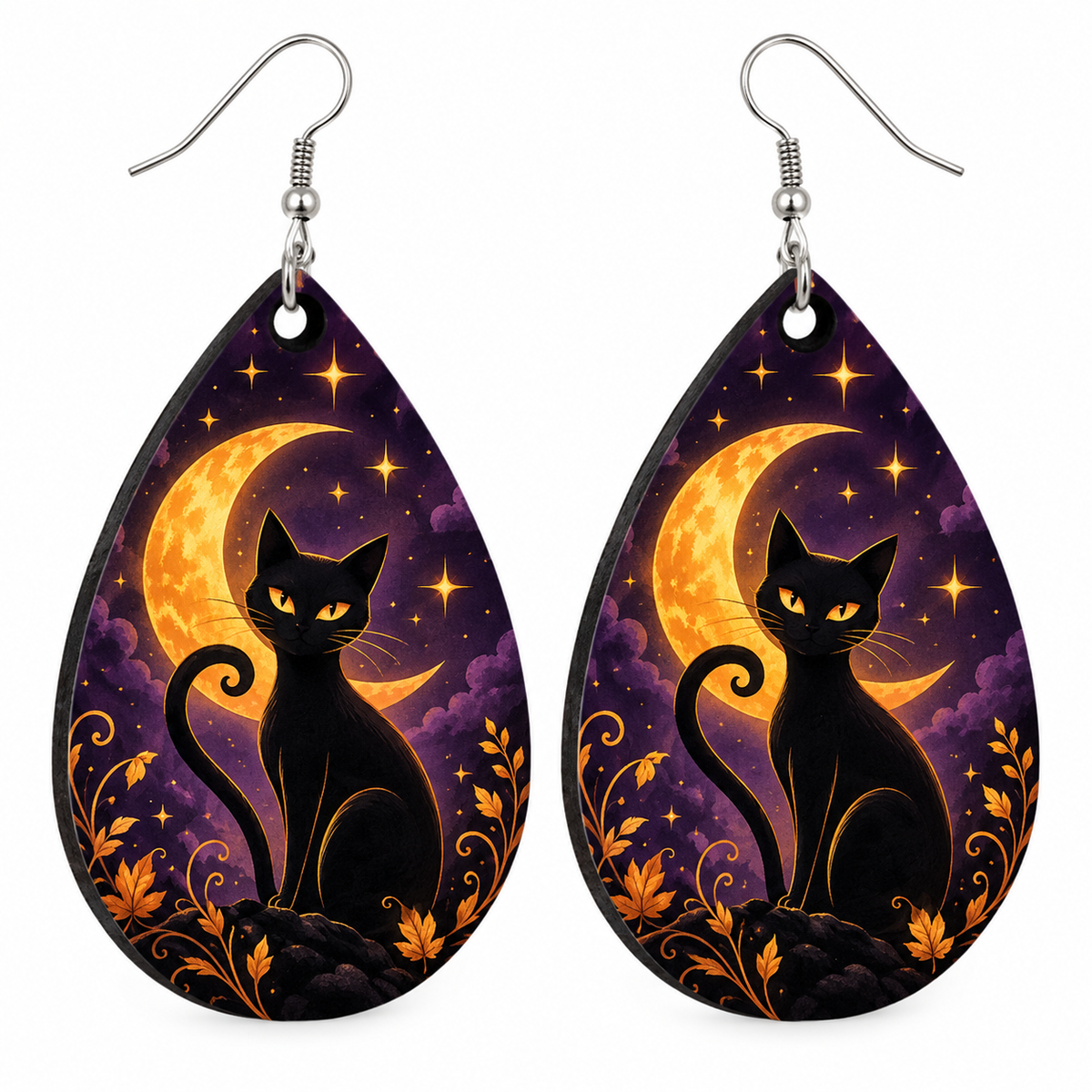 Jack-o-lantern Halloween teardrop earrings with autumn leaves and bats