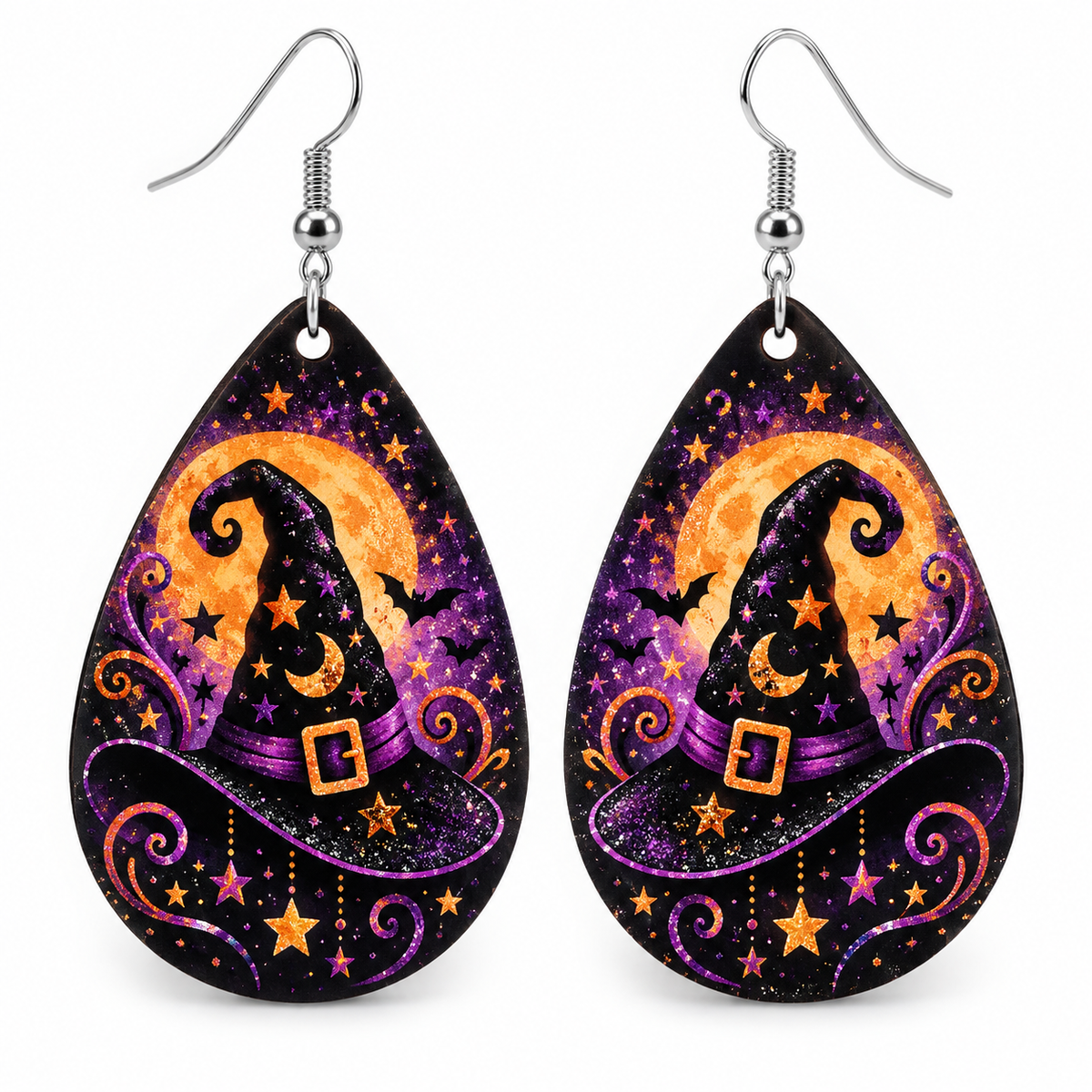 Cute ghost and pumpkin Halloween teardrop earrings with stars and bats