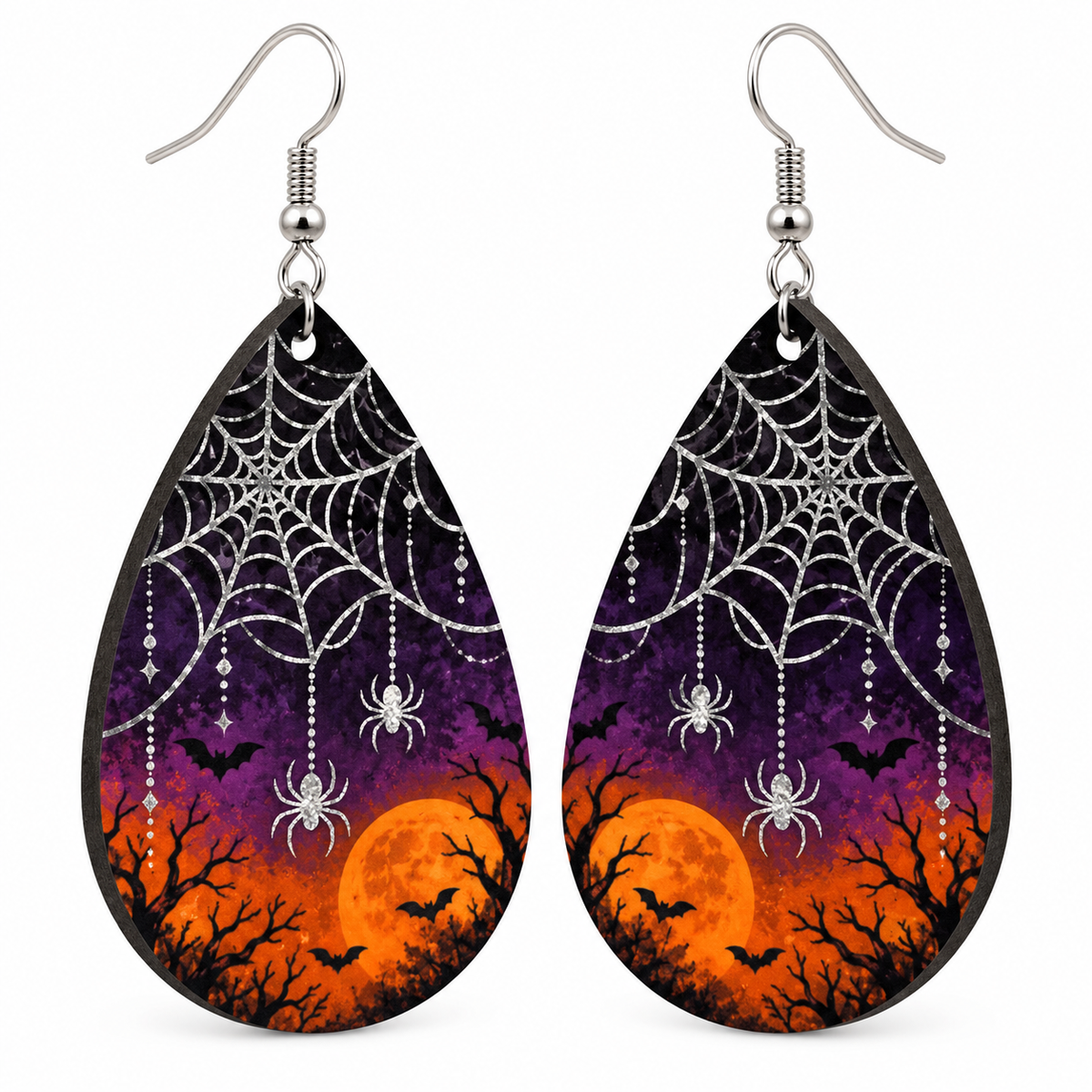 Skull Halloween teardrop earrings with black roses, orange flowers, and bats