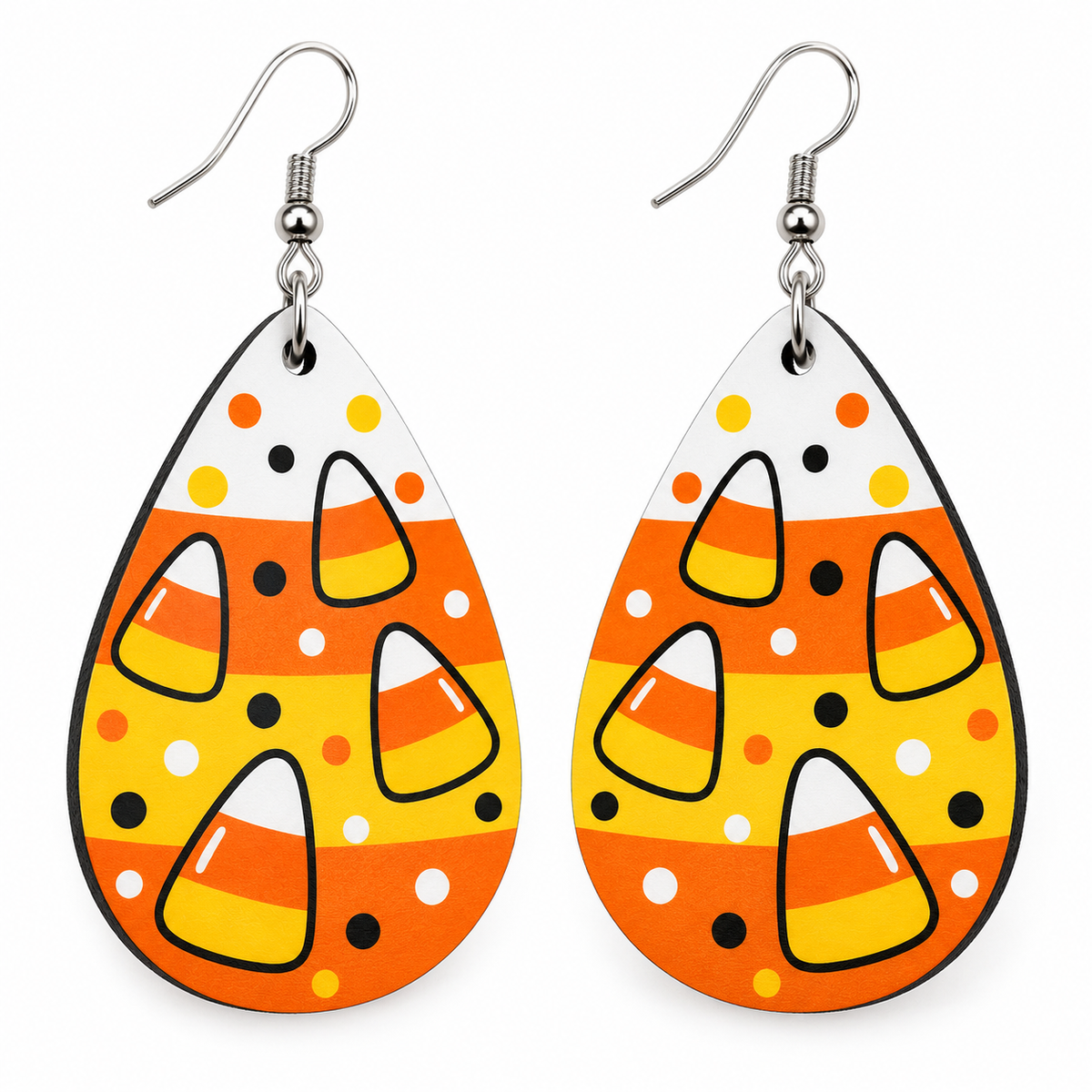 Haunted house Halloween teardrop earrings with bats, a full moon, and a graveyard