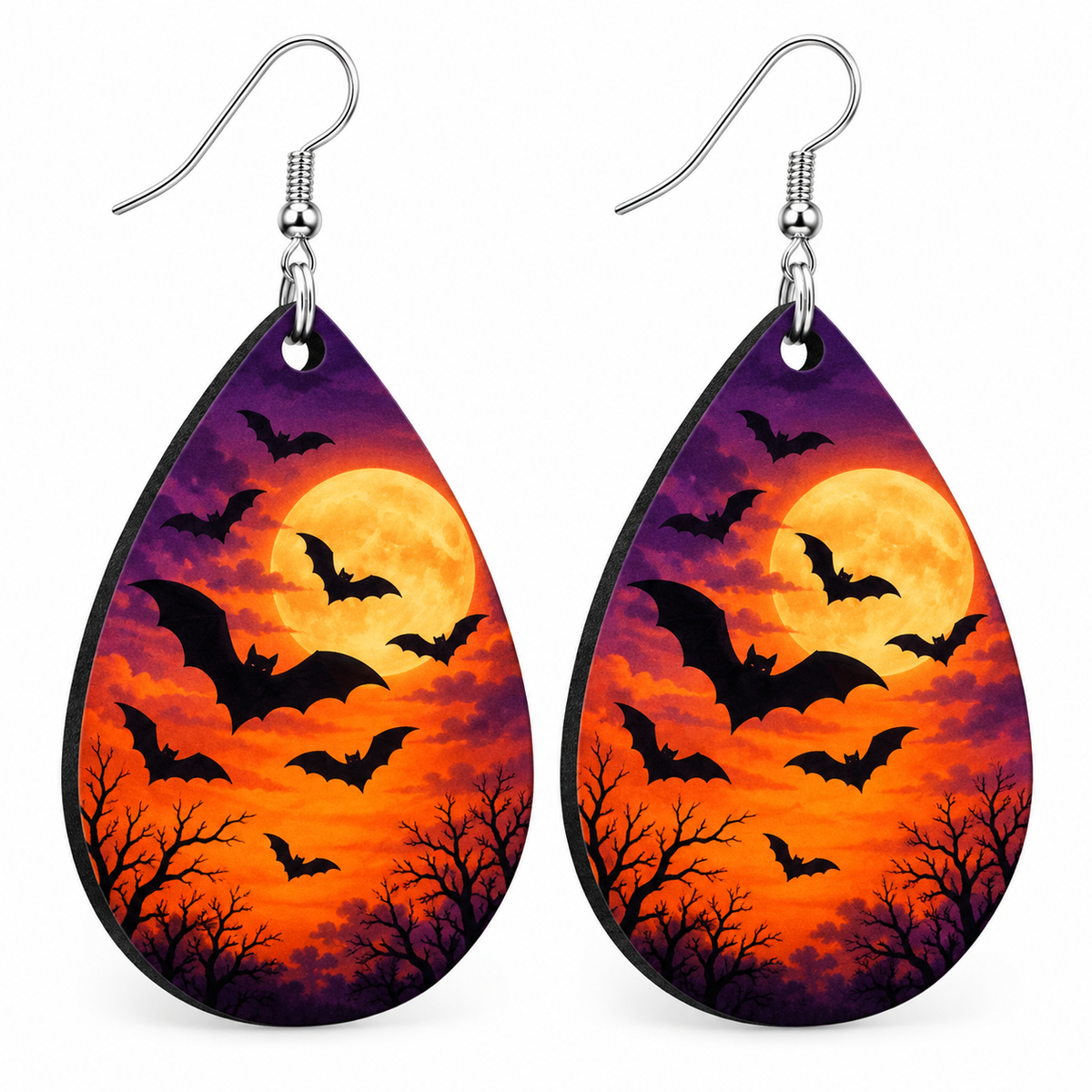 Halloween teardrop earrings with potion bottles, a crescent moon, bats, and pumpkins