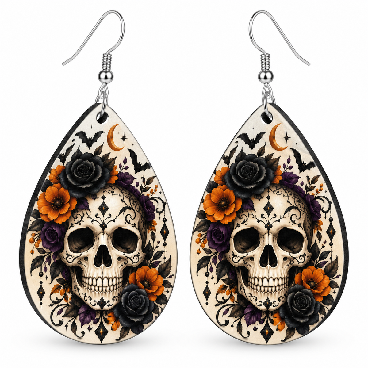 Black cat Halloween teardrop earrings with a crescent moon and stars
