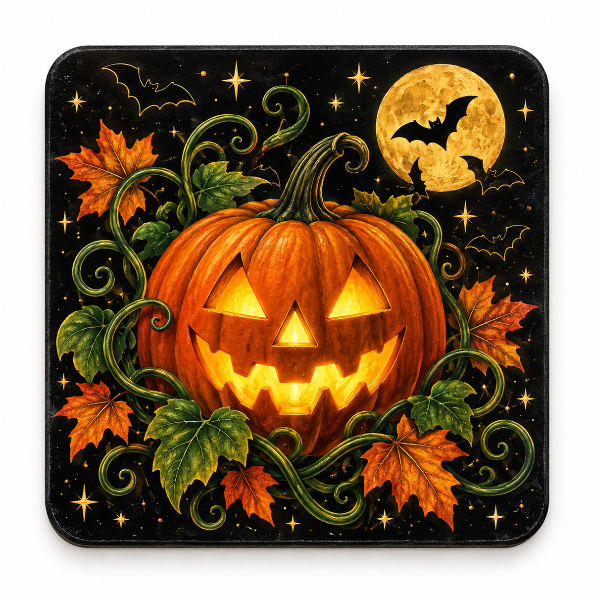 Halloween ceramic coaster with a purple and black witch hat, bats, stars, and moon