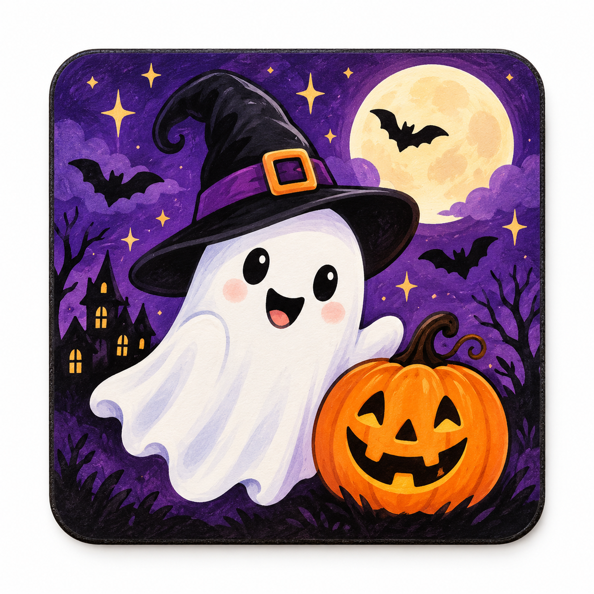 Halloween ceramic coaster with a friendly ghost, pumpkin, witch hat, bats, and moon