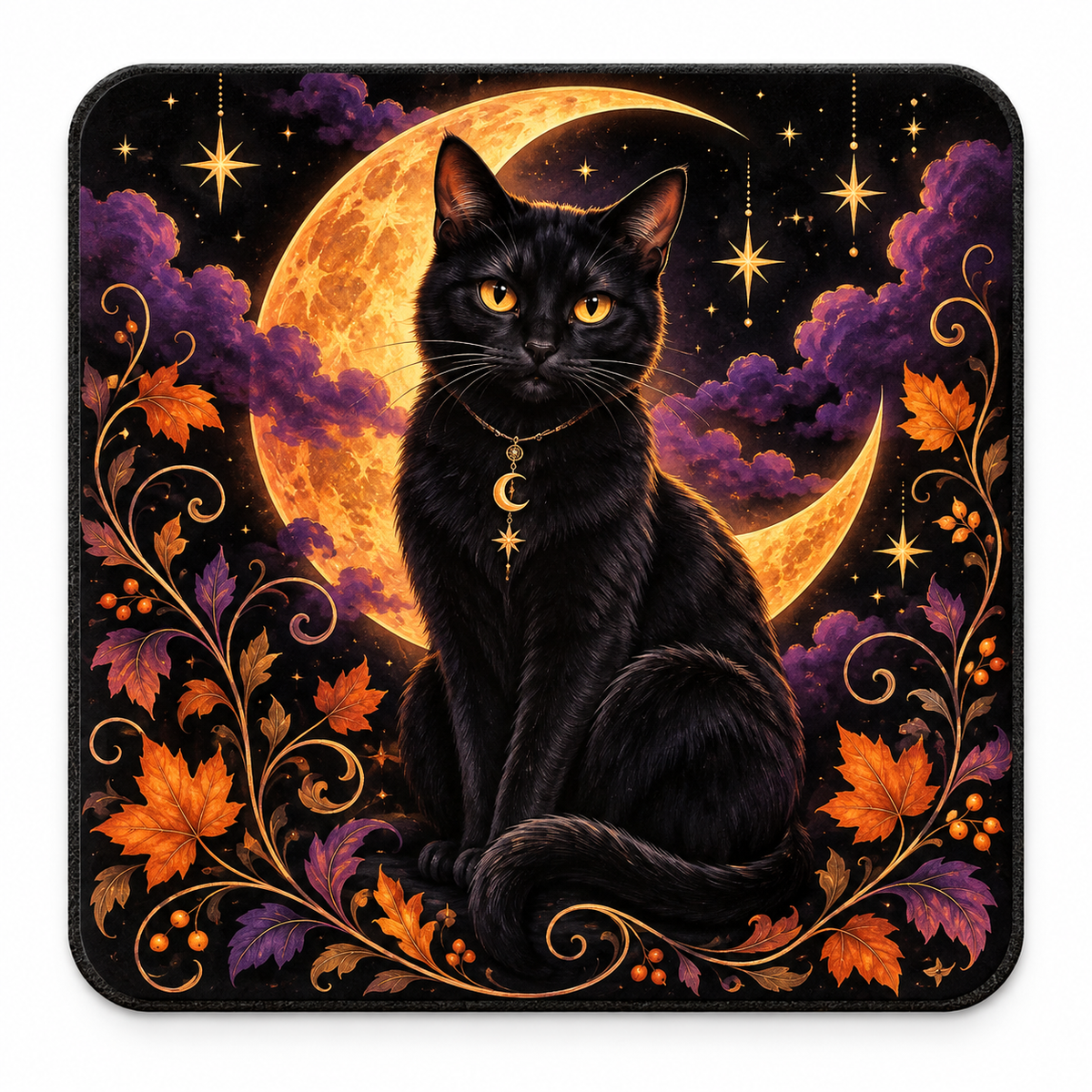 Halloween ceramic coaster with a black cat, crescent moon, stars, and autumn leaves