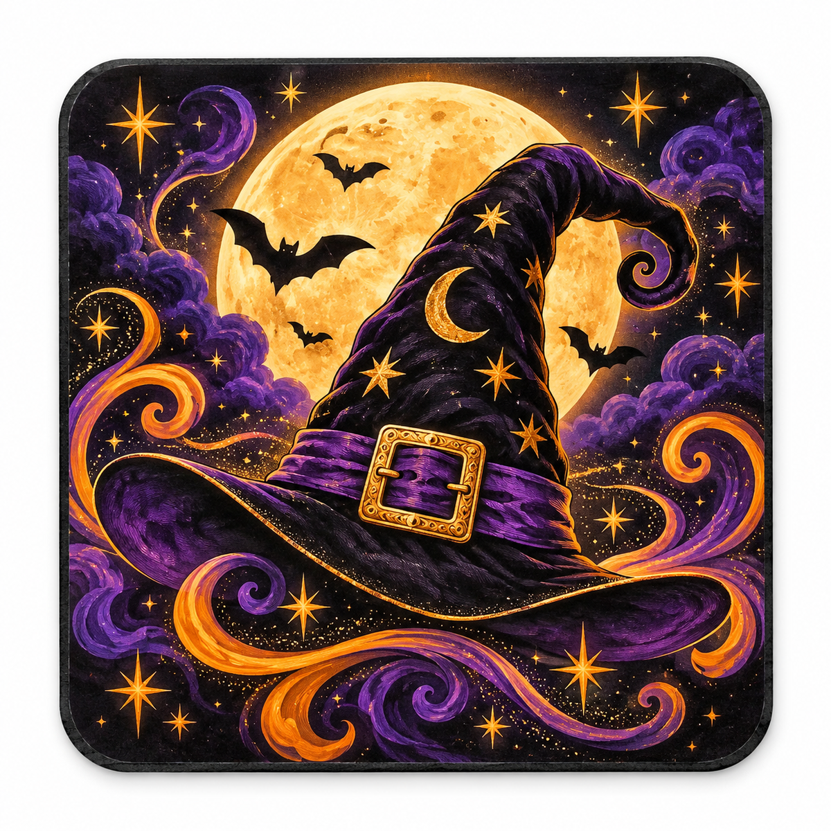Halloween ceramic coaster with a glowing jack-o-lantern, bats, moon, and autumn leaves